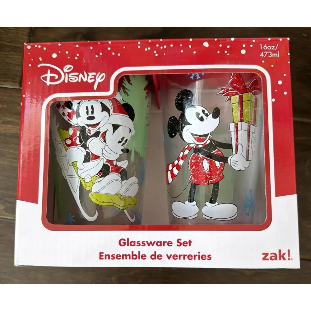 Disney Mickey & Minnie Mouse Christmas Glassware Set of 2 Pint 16 ounce